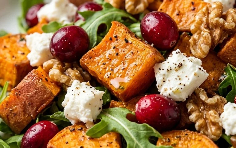 Roasted Sweet Potato Salad with Cranberries, Walnuts, and Goat Cheese